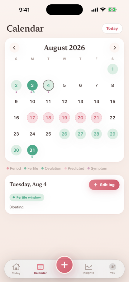 The calendar, showing past periods, predictions and the fertile window