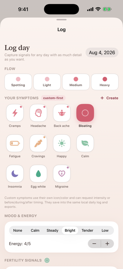 The daily log, with flow, custom symptoms, mood and energy